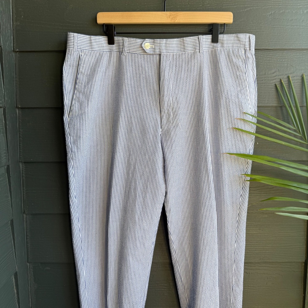 Alan Flusser Seersucker Cotton Dress Pants Blue White Stripe 40x32 - Picture 1 of 8